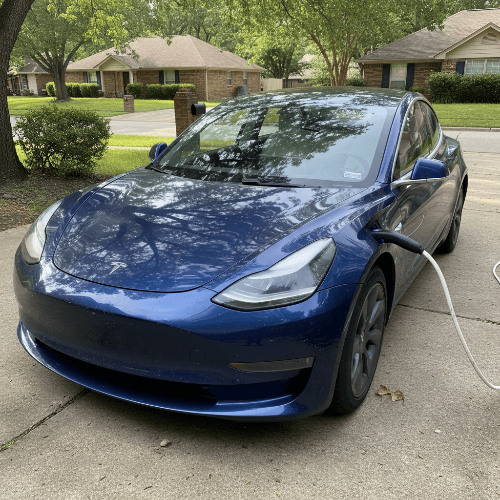 Used Tesla Model 3 parked in a suburban driveway and plugged into a home charger