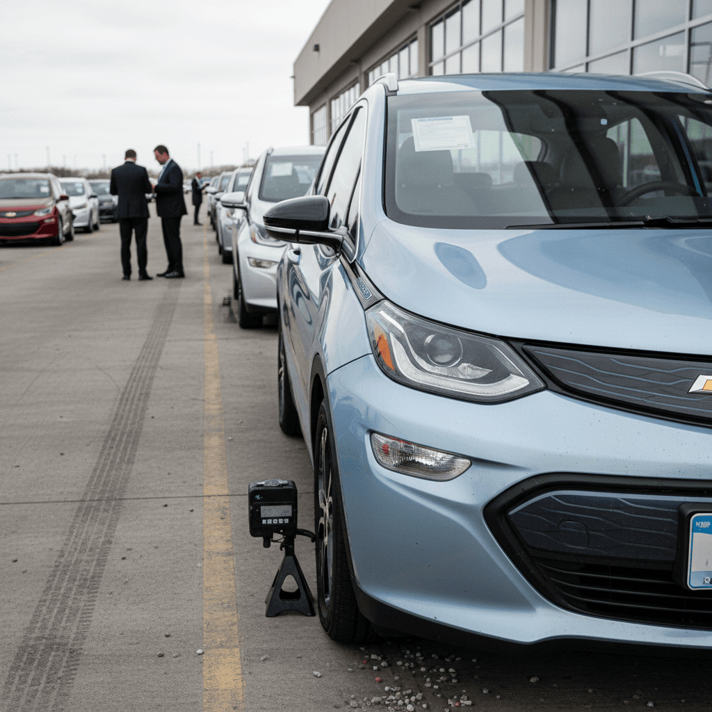 Multiple used Chevrolet Bolt EVs at a wholesale auction lane being evaluated for battery health and resale value