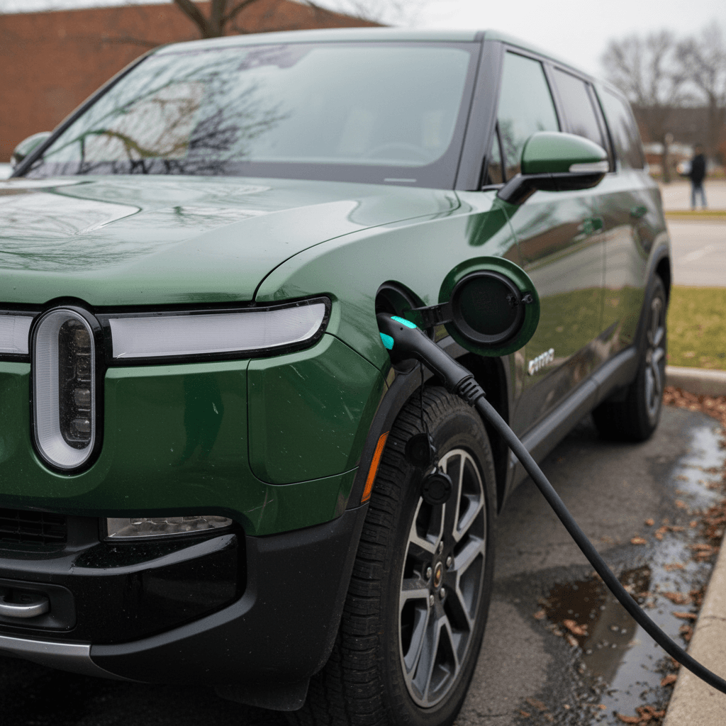 Used Rivian R1S charging at a public fast charger, highlighting the side profile and charging port