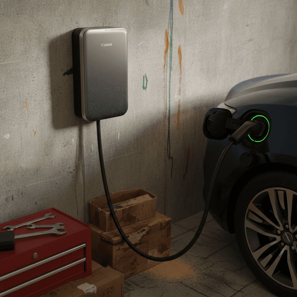 Wall‑mounted Level 2 electric car charger installed in a modern home garage