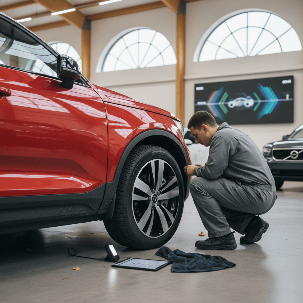 Technician inspecting a used Volvo XC40 Recharge in a showroom, emphasizing condition for resale value