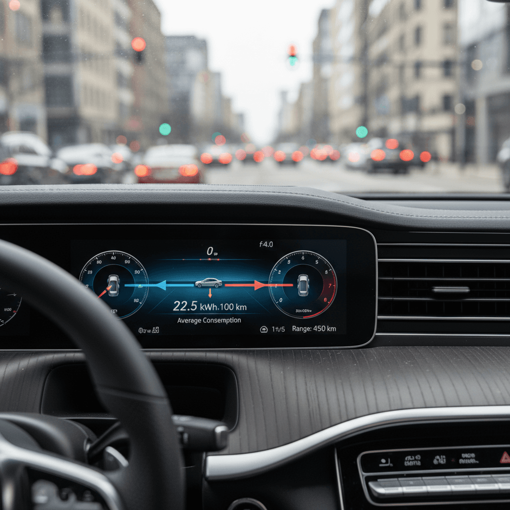 Digital display inside a Mercedes EQS SUV showing energy consumption and remaining driving range in city traffic