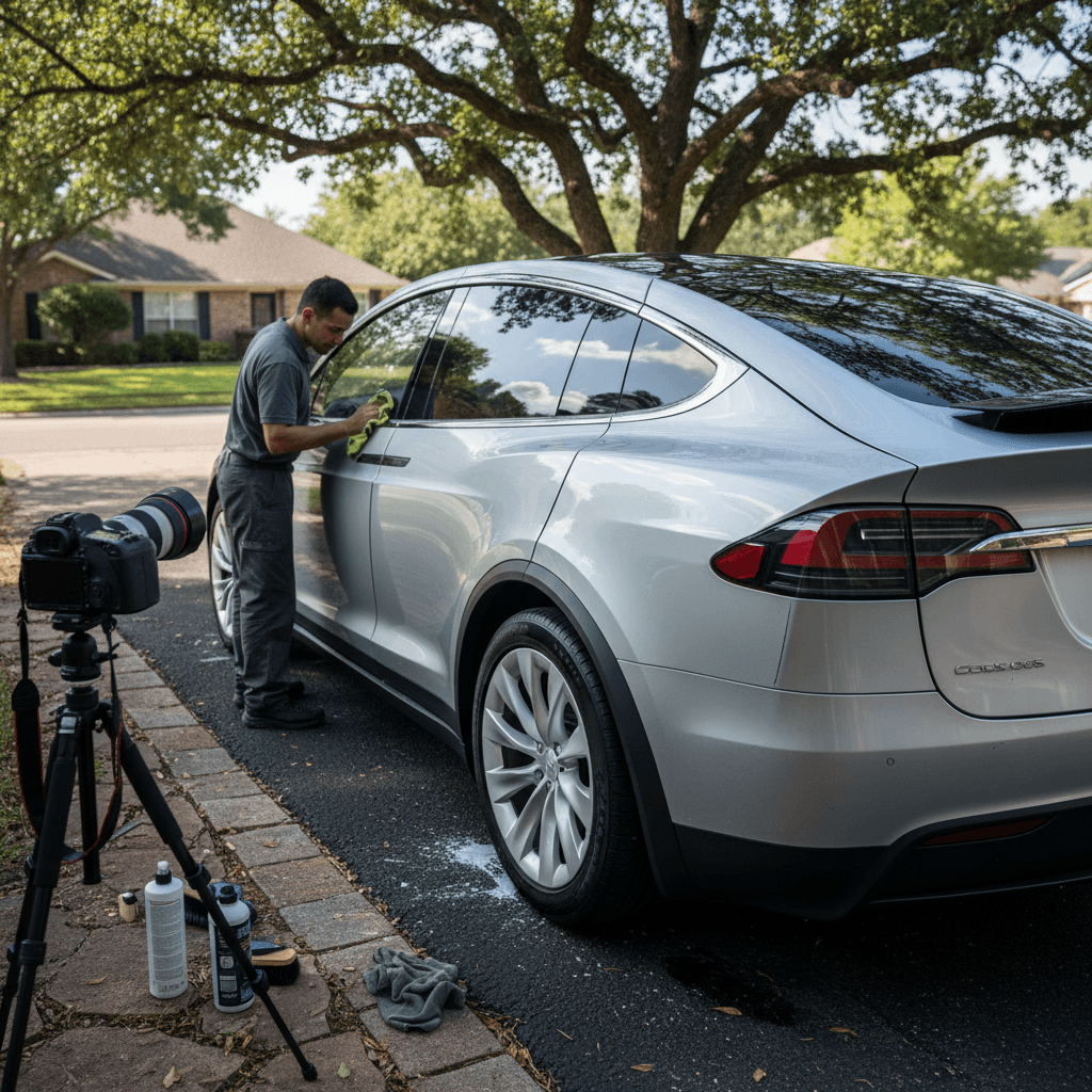 Seller detailing a white Tesla Model X and taking listing photos in a driveway before selling