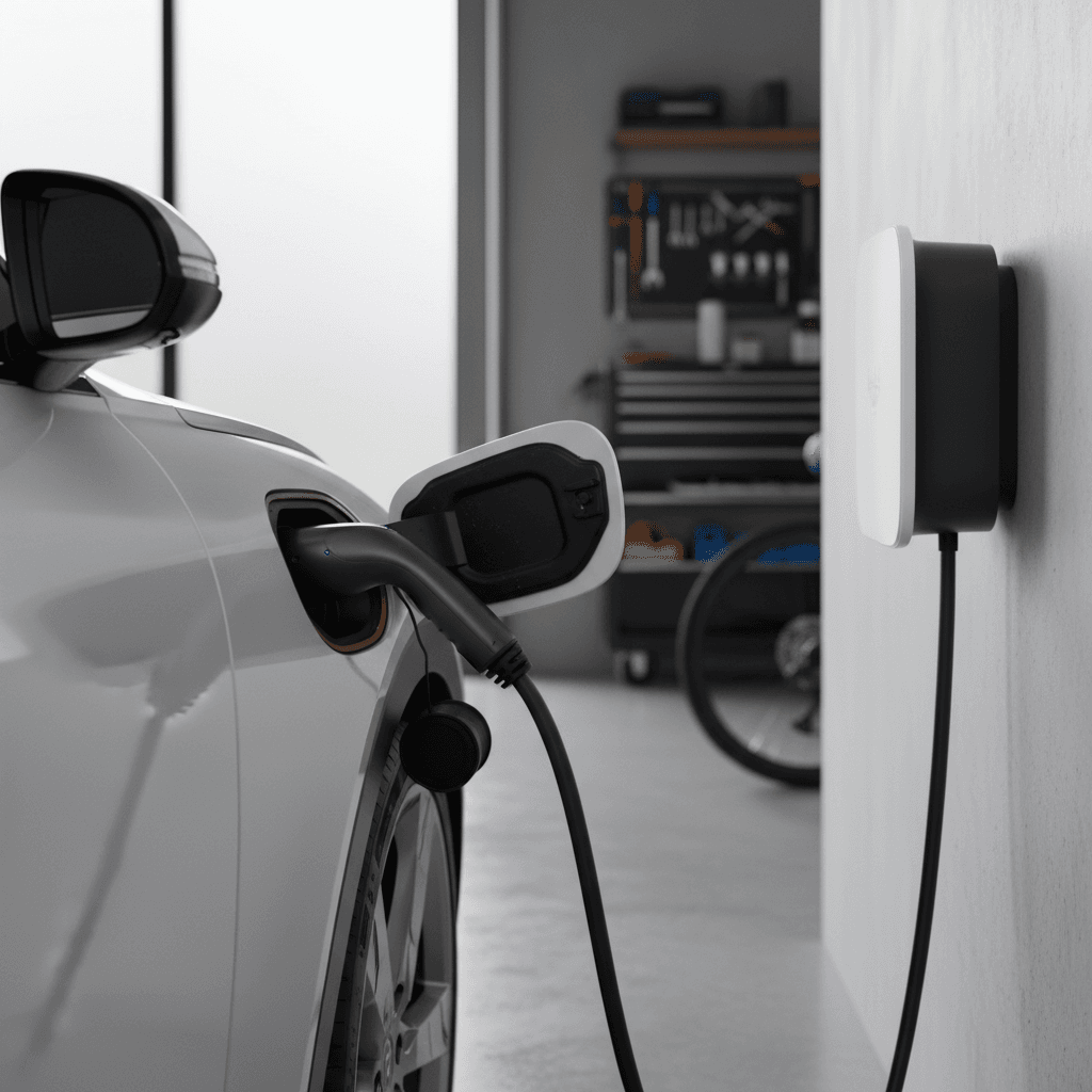 Genesis GV60 charging port connected to a Level 2 wall charger in a residential garage