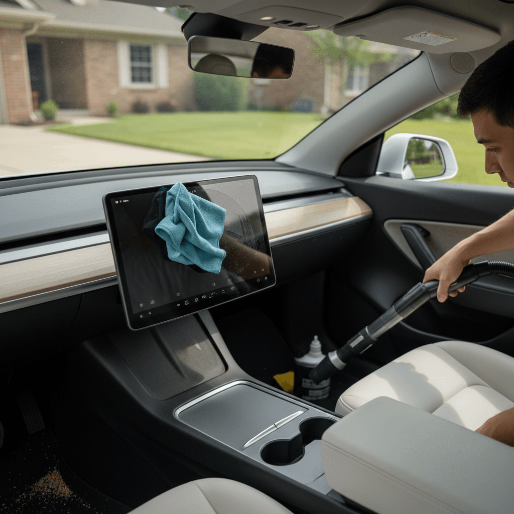 Tesla Model Y owner vacuuming and detailing the interior in a driveway to prepare the car for sale