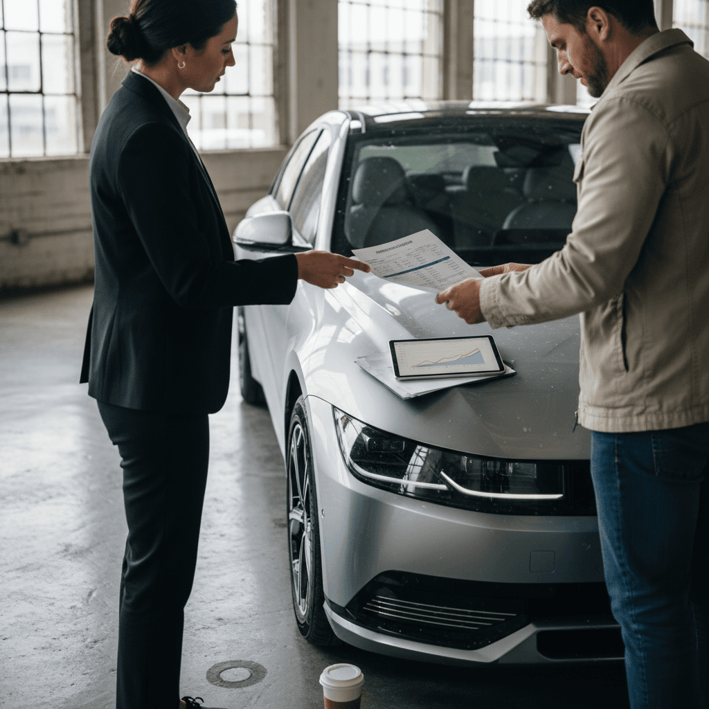 Insurance agent talking with a Hyundai Ioniq 6 driver about coverage options in a neighborhood setting