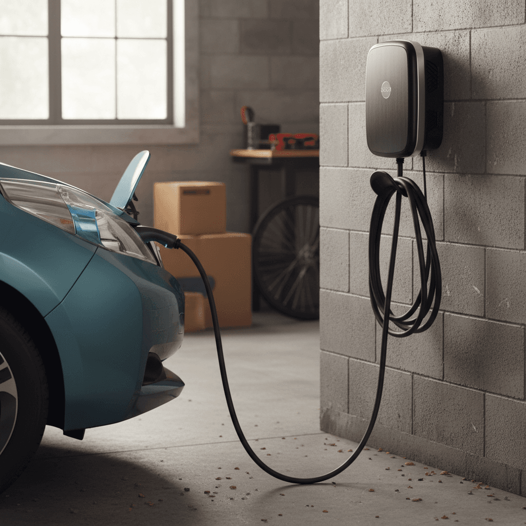 Wall mounted Level 2 home EV charger plugged into a Nissan Leaf in a clean suburban garage