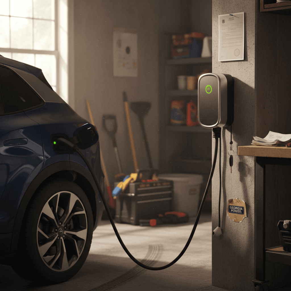 Georgia homeowner using a wall-mounted Level 2 EV charger in a garage to charge a crossover SUV