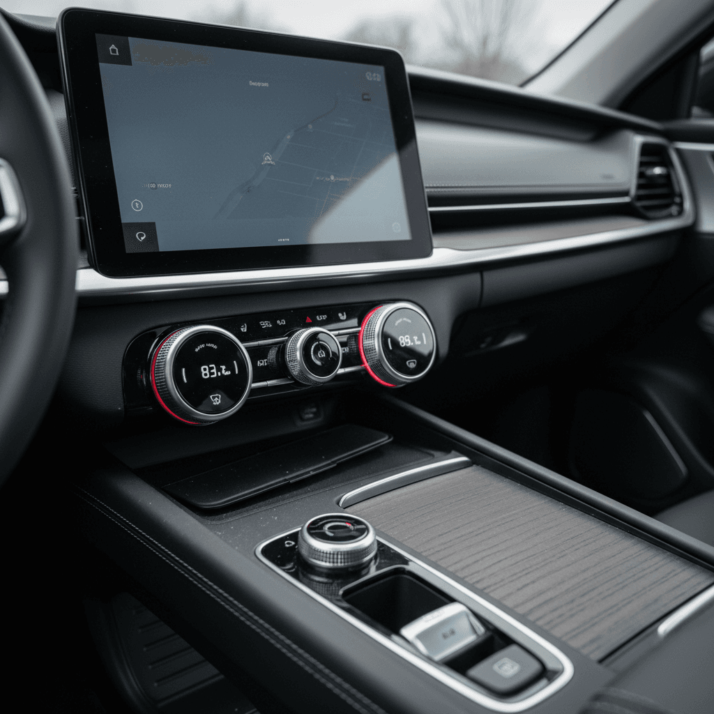 Close-up of an EV center console with real knobs for climate and a volume dial below a moderate-sized touchscreen