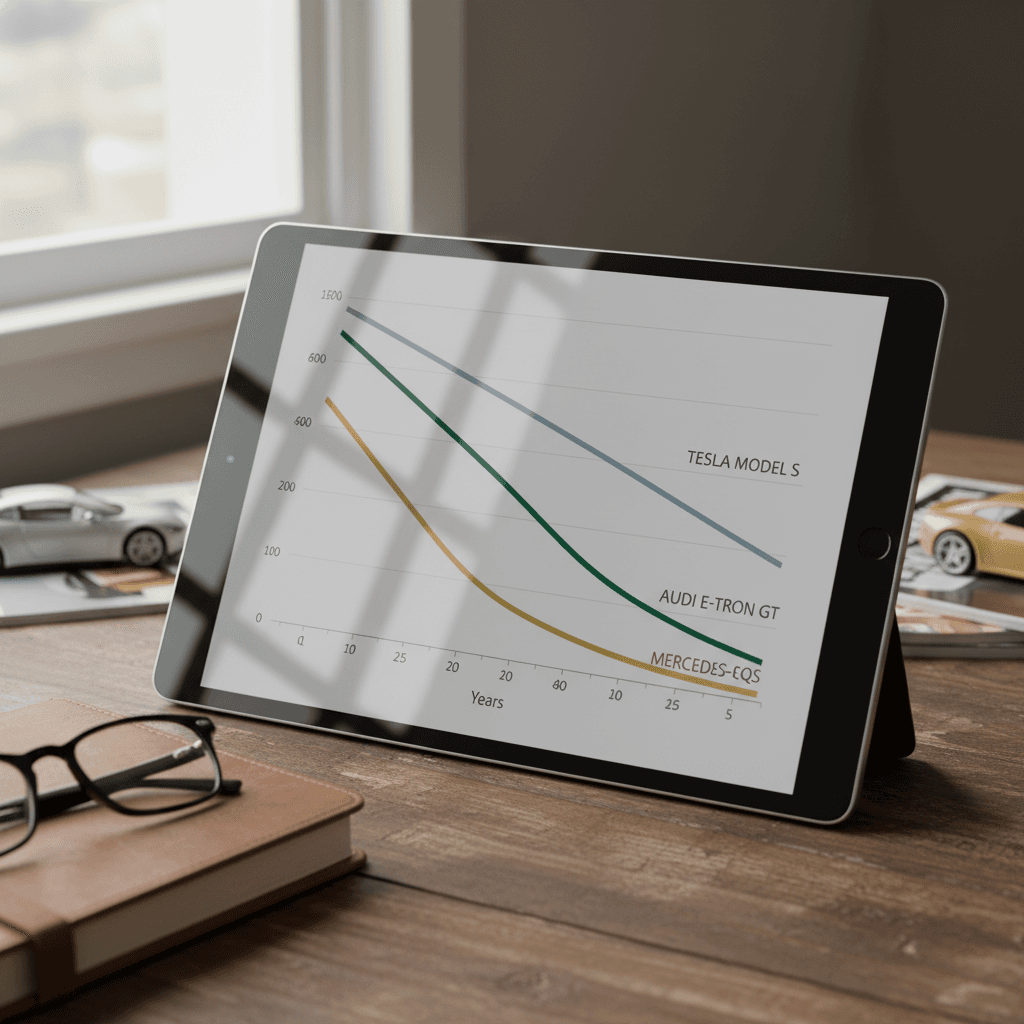 Estimated depreciation curves for the Mercedes EQS, Tesla Model S, and Audi e-tron GT over five years.