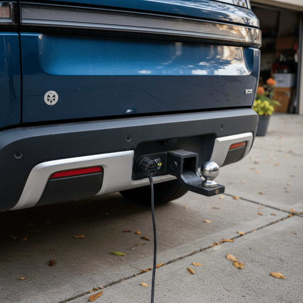 Rear view of an electric SUV with a tow hitch receiver and trailer wiring harness installed in a residential driveway