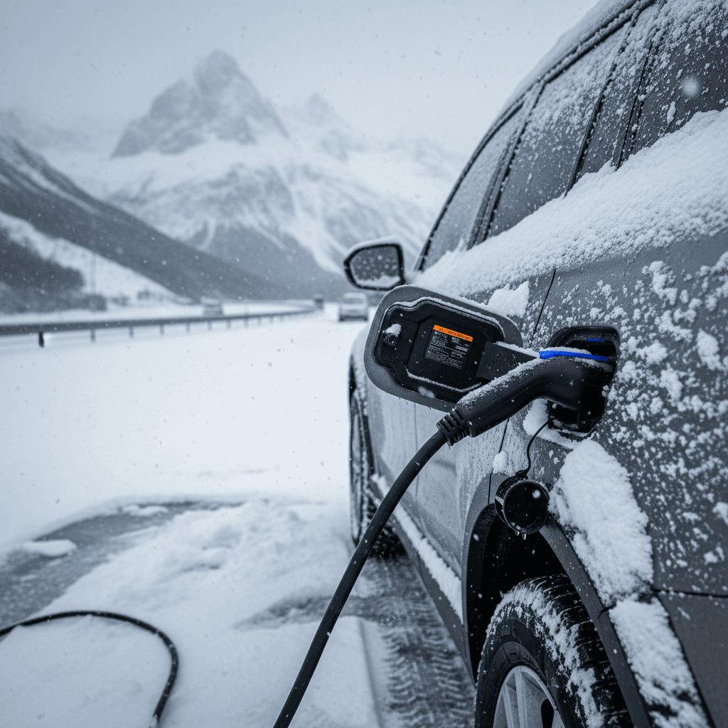 Electric vehicle charging at a snowy highway fast charger near mountain peaks
