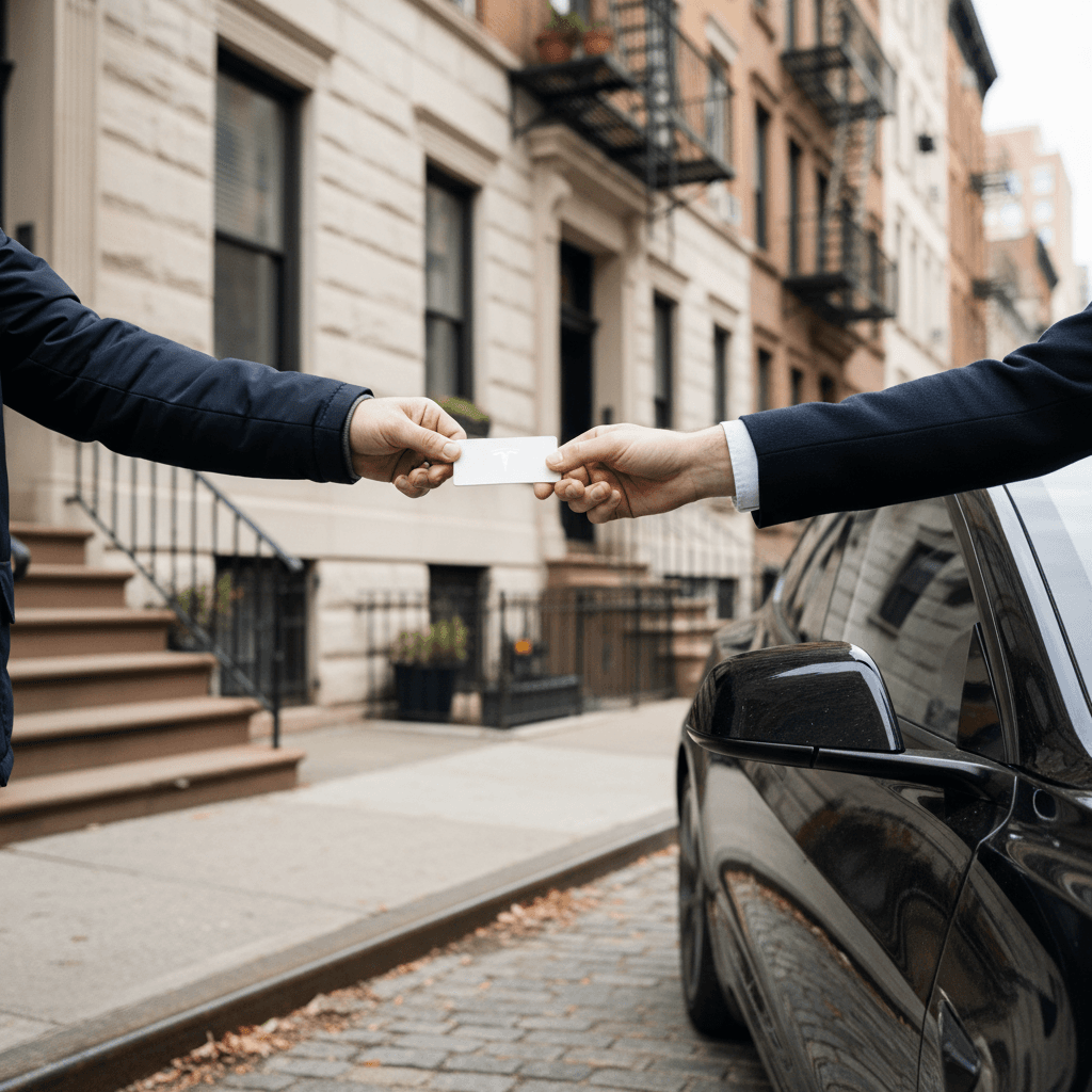 Owner handing over a Tesla Model 3 key card after a test drive in a New York neighborhood