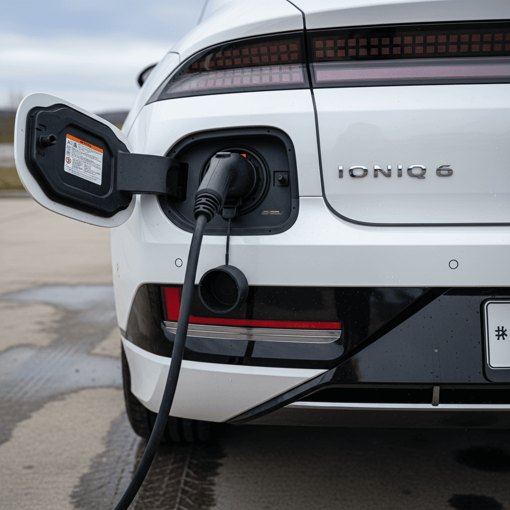 Close-up of a Hyundai IONIQ 6 charging port and taillight area, showing the charge door and trim fit