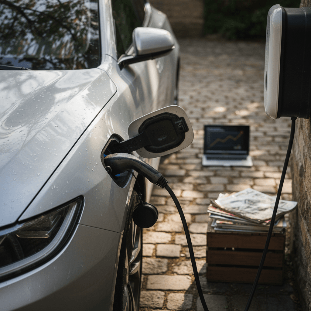 Electric vehicle dashboard showing remaining driving range on digital display