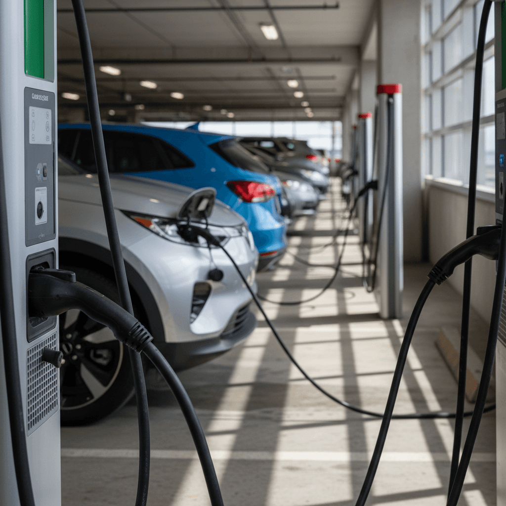 Electric vehicles charging at Indianapolis airport terminal garage on multiple levels
