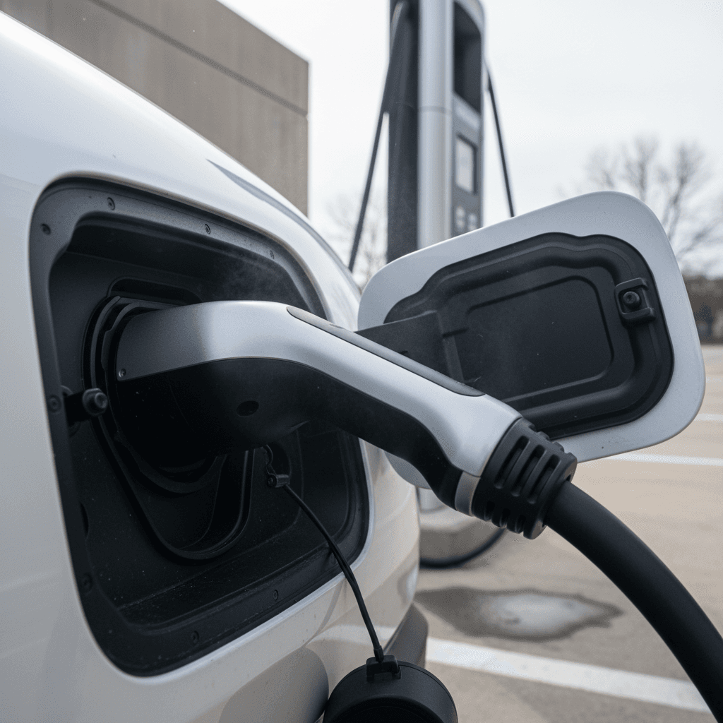 Close-up of a Honda Prologue plugged into a DC fast charger, focusing on the charging connector and port