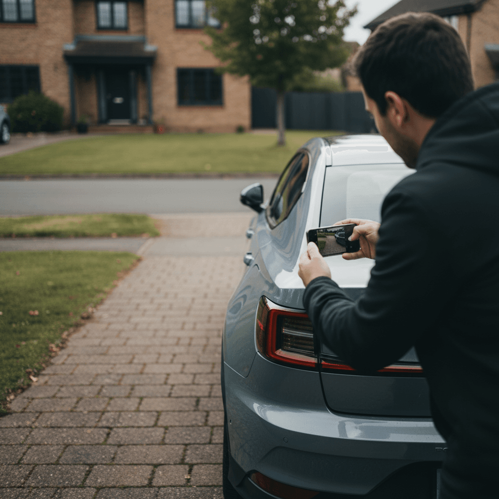 Seller taking high-quality photos of a Polestar 2 in a clean driveway to prepare an online listing
