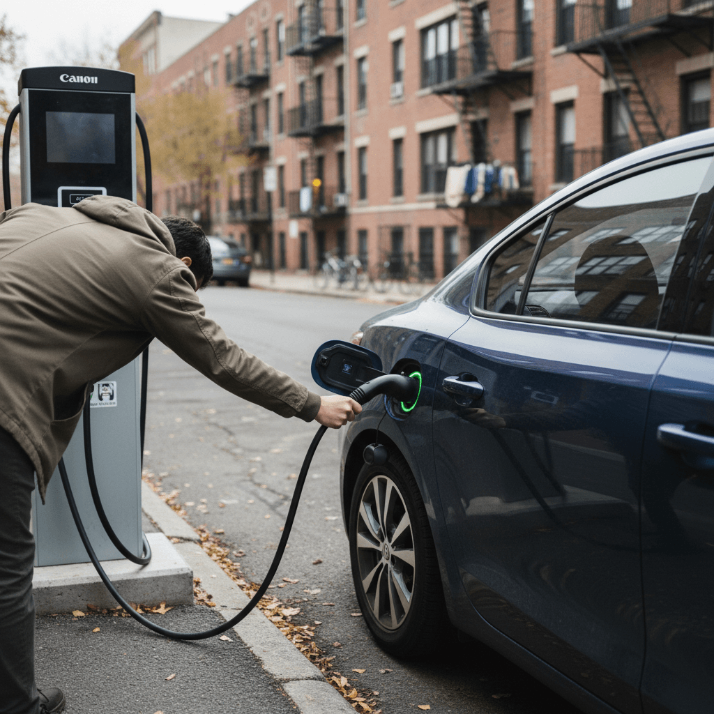 Apartment EV owner charging at a public Level 2 station in a shared parking lot