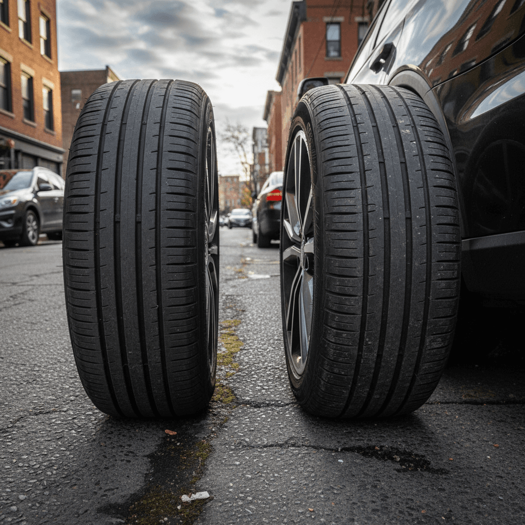 Mechanic comparing tread wear on an electric vehicle tire and a conventional gas car tire in a repair shop