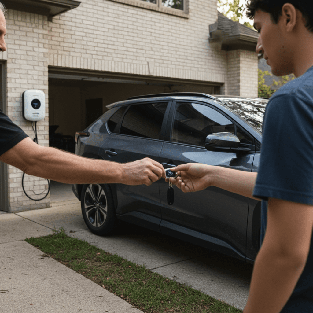 Owner handing keys of a used Subaru Solterra to a private buyer in front of a home with an EV charger on the garage wall
