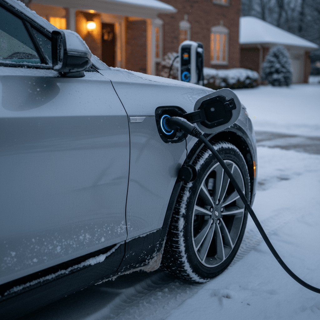 Cadillac Lyriq charging in a snowy driveway, plugged into a home Level 2 charger