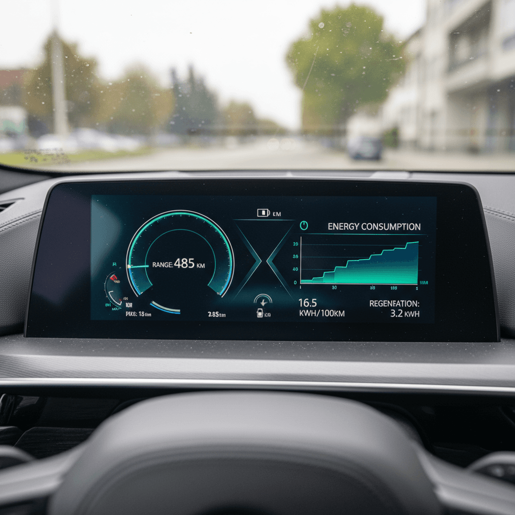 Close-up of BMW i5 digital cluster showing remaining range, efficiency in kWh per 100 miles, and battery state of charge