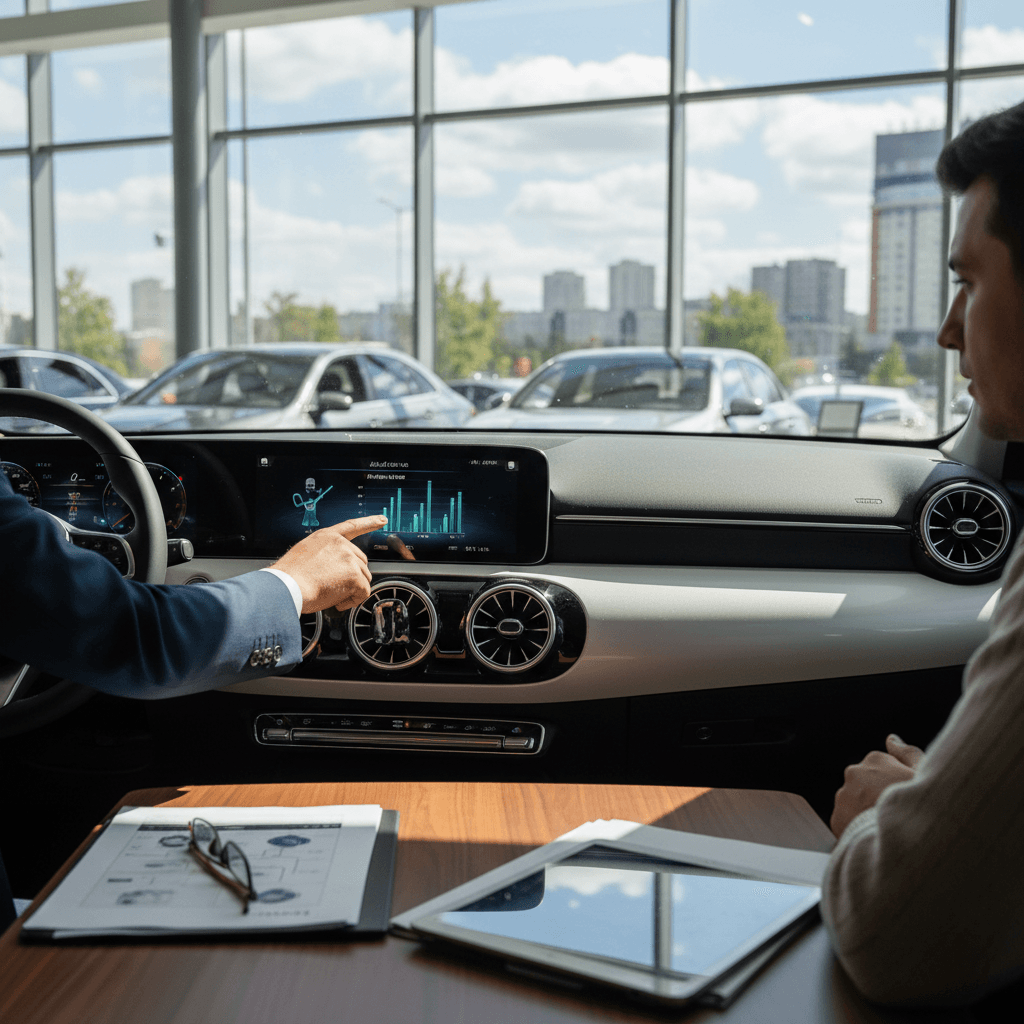 Owner reviewing a 2025 Mercedes EQB trade-in appraisal with a salesperson at a bright EV-focused showroom