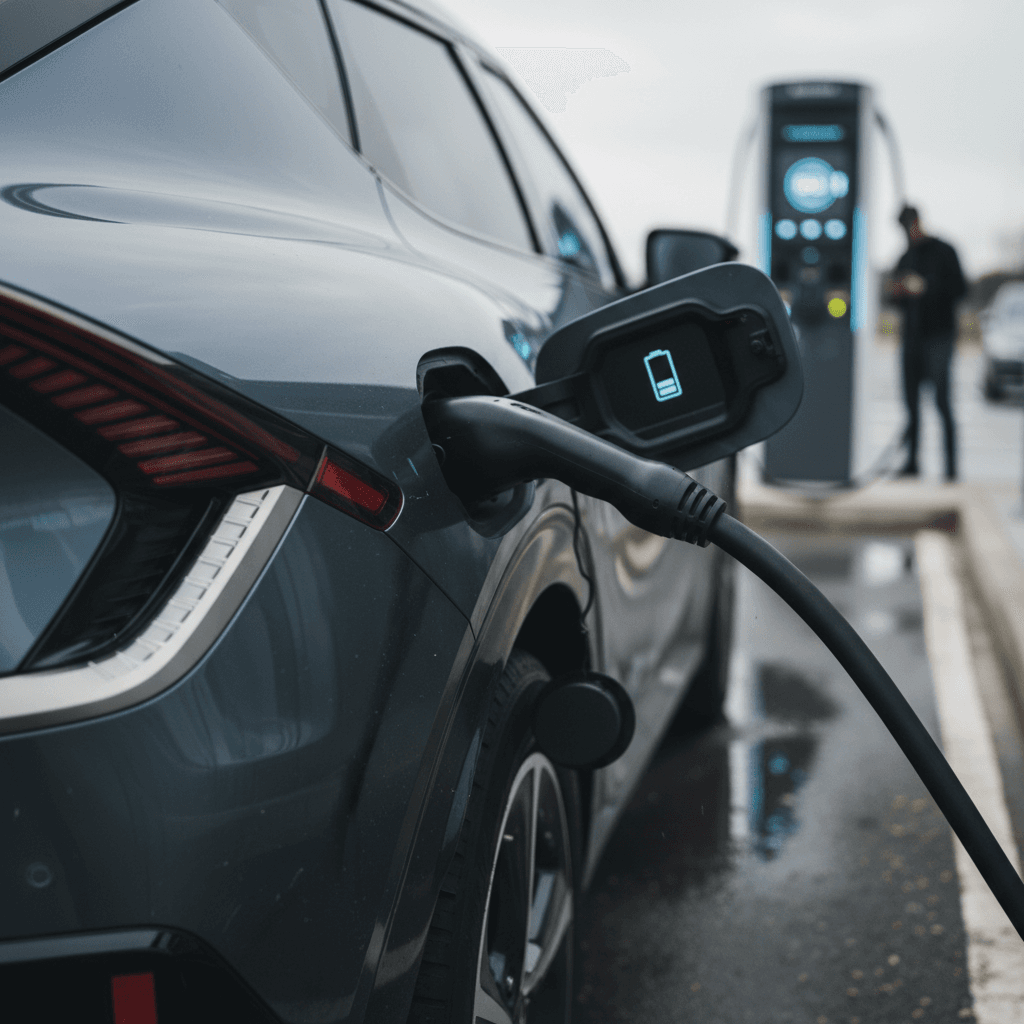 Ford Mustang Mach-E plugged into a public DC fast charger at a modern station