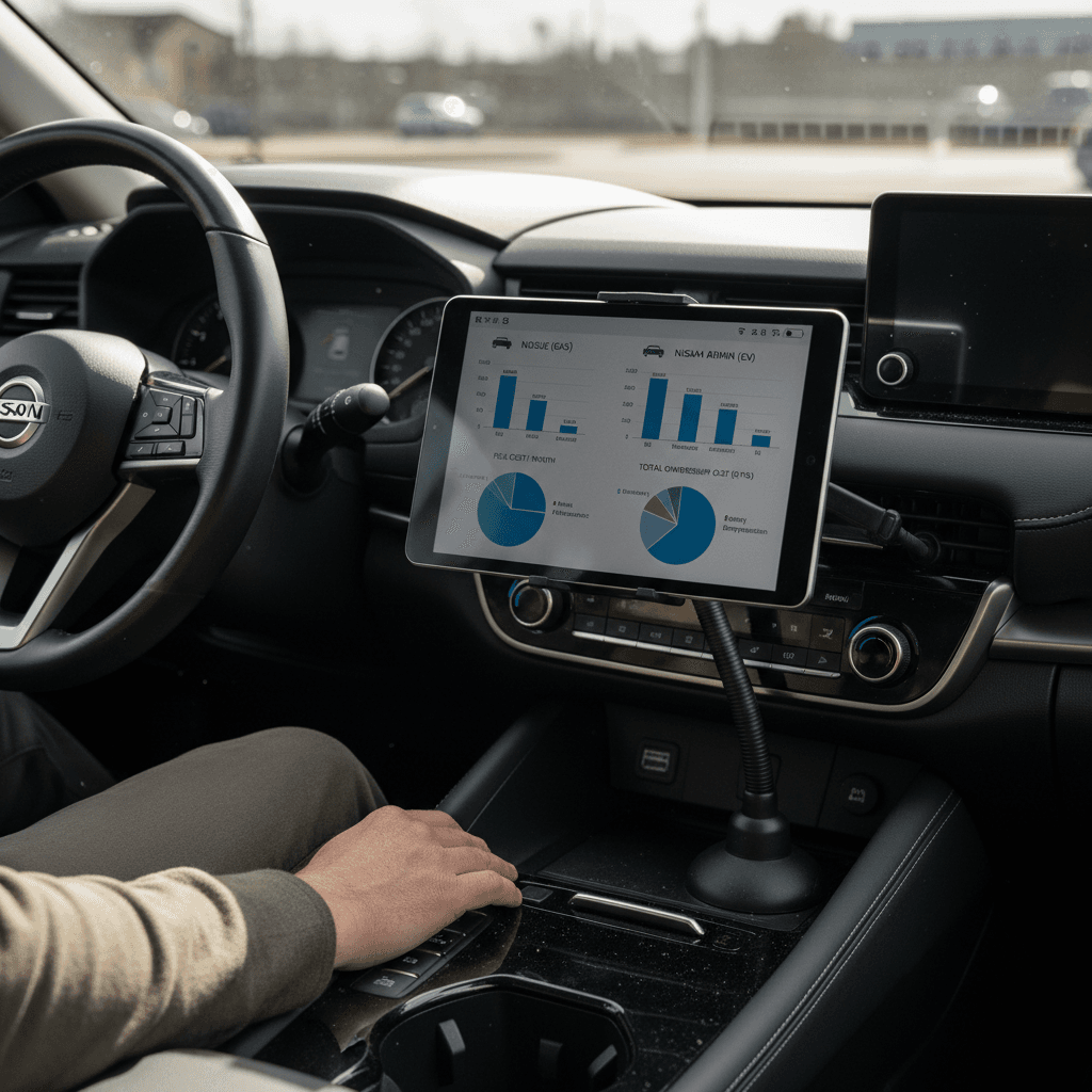 Tablet display showing a side-by-side comparison of fuel cost for a Nissan Rogue versus electricity cost for a Nissan Ariya