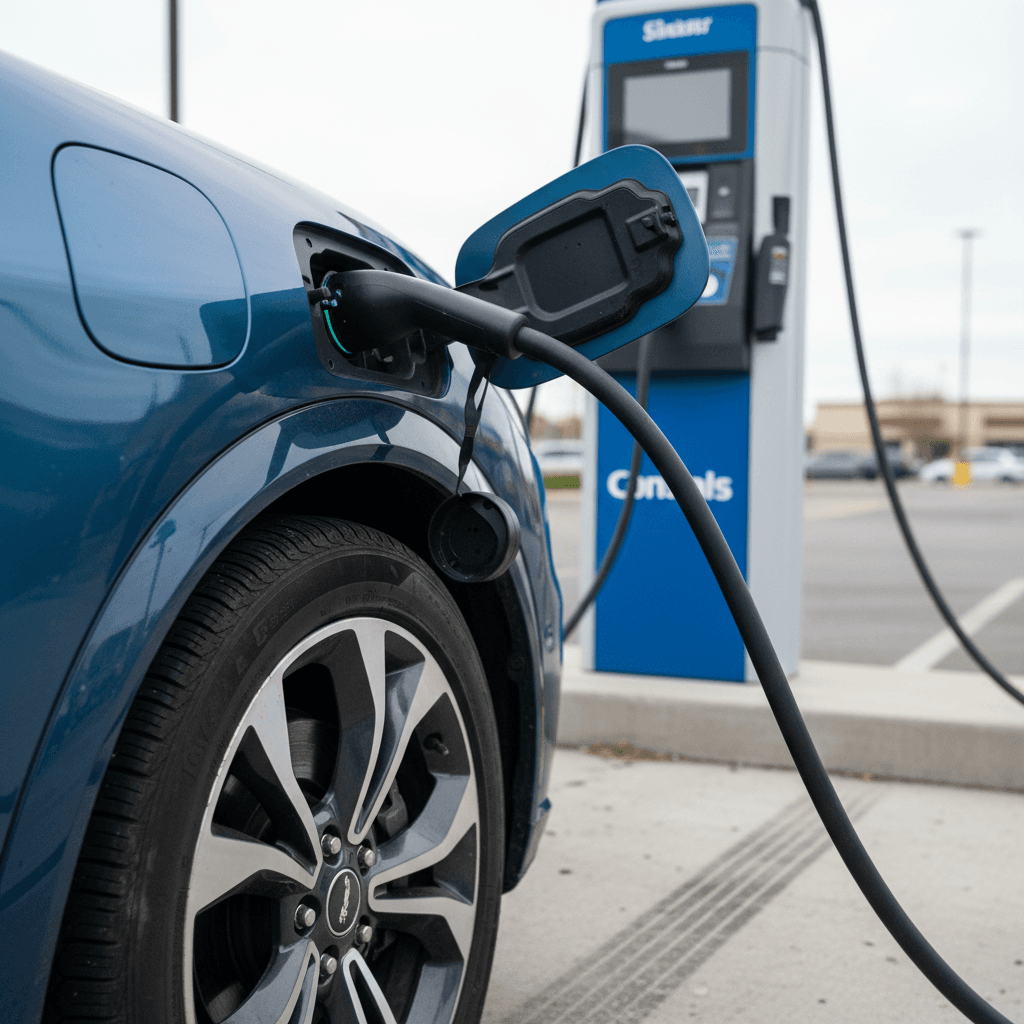 Ford Mustang Mach-E plugged into a public DC fast charger, with focus on the charging port and front wheel.
