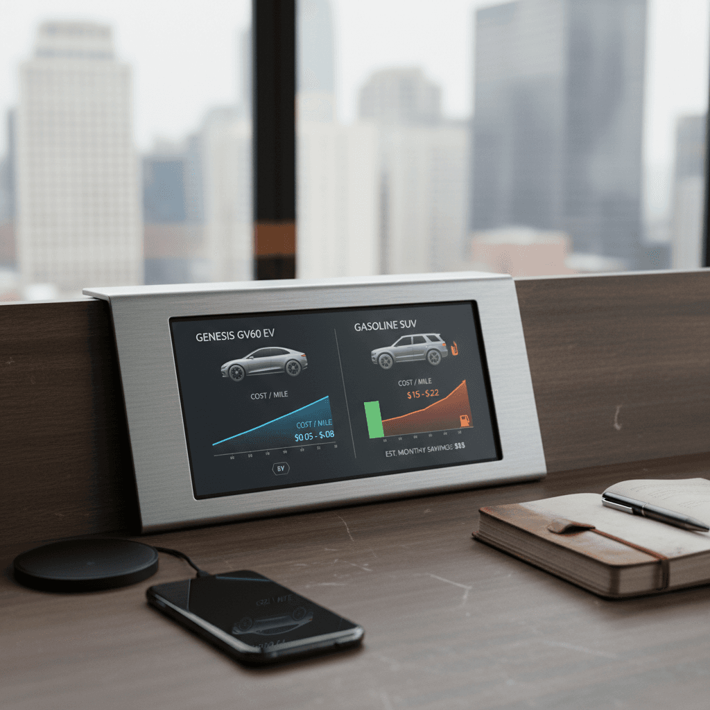 Infographic comparing Genesis GV60 electricity cost per mile versus a comparable gas SUV at different electricity and fuel prices.