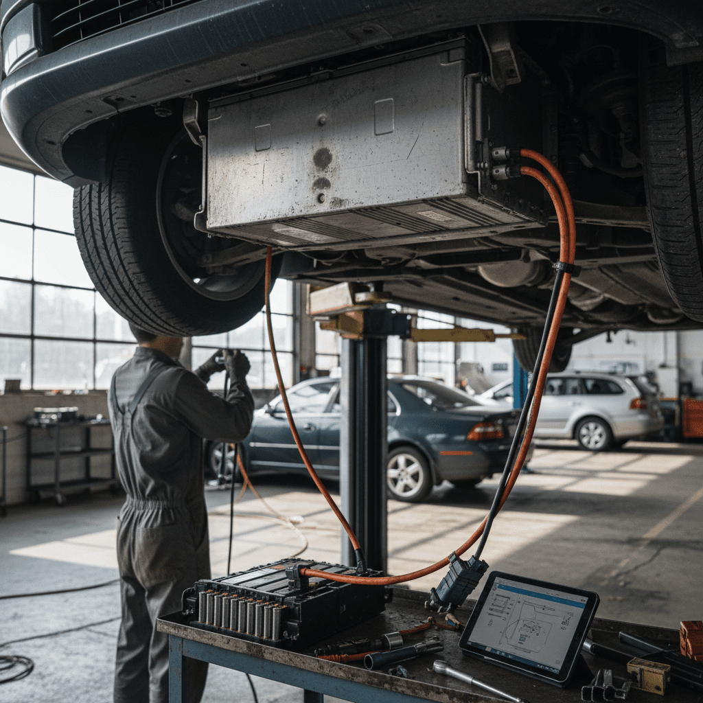 Technician using a multimeter to test a car battery on a workbench