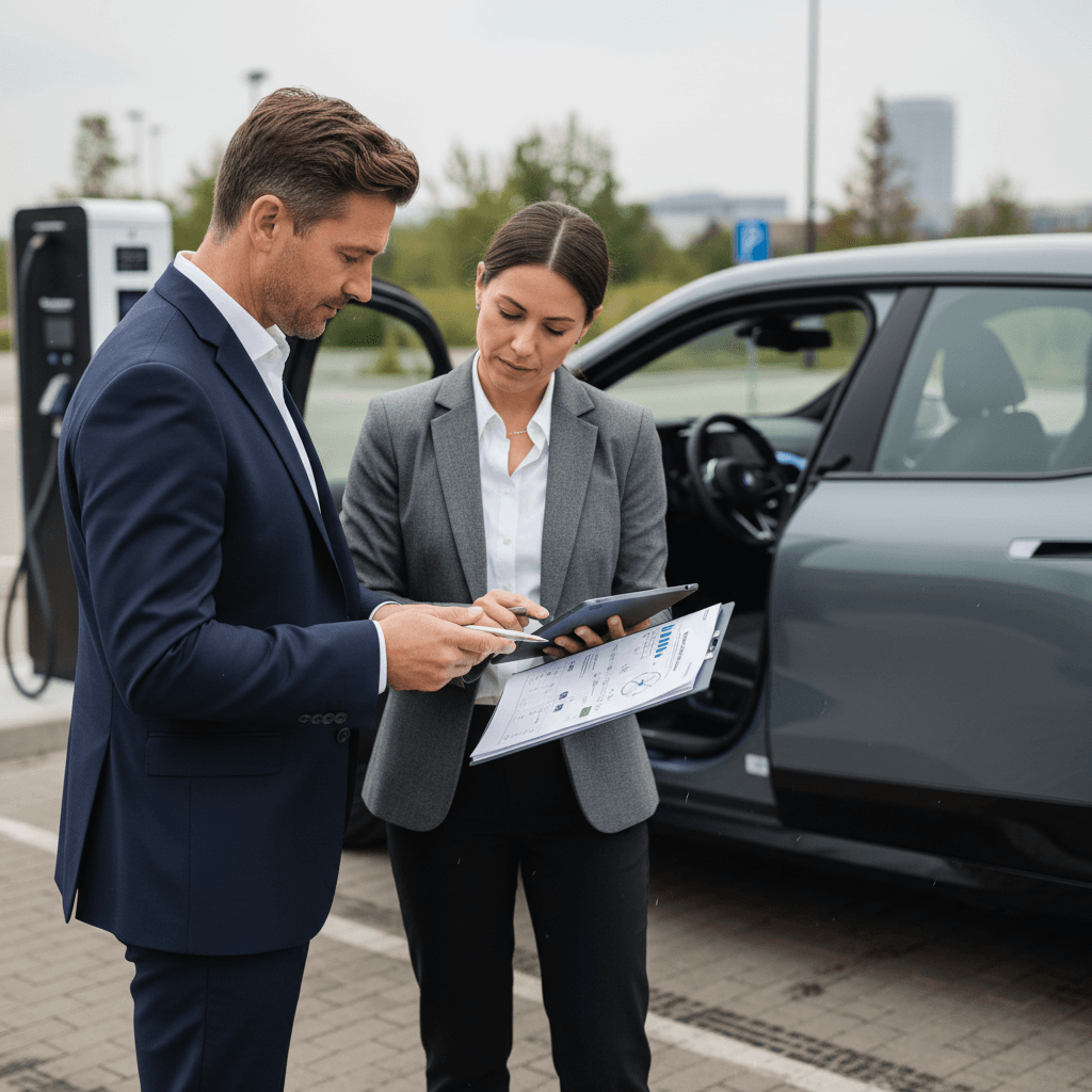 Driver and insurance agent reviewing coverage options next to a parked BMW iX electric SUV