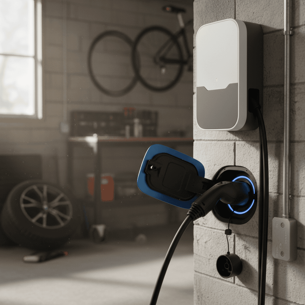 BMW i4 plugged into a Level 2 wallbox in a home garage, showing the blue charging light near the port