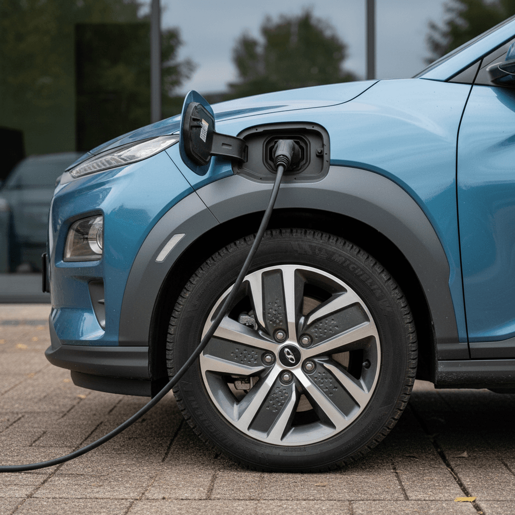 Clean 2024 Hyundai Kona Electric plugged in and detailed, ready for high-quality resale photos