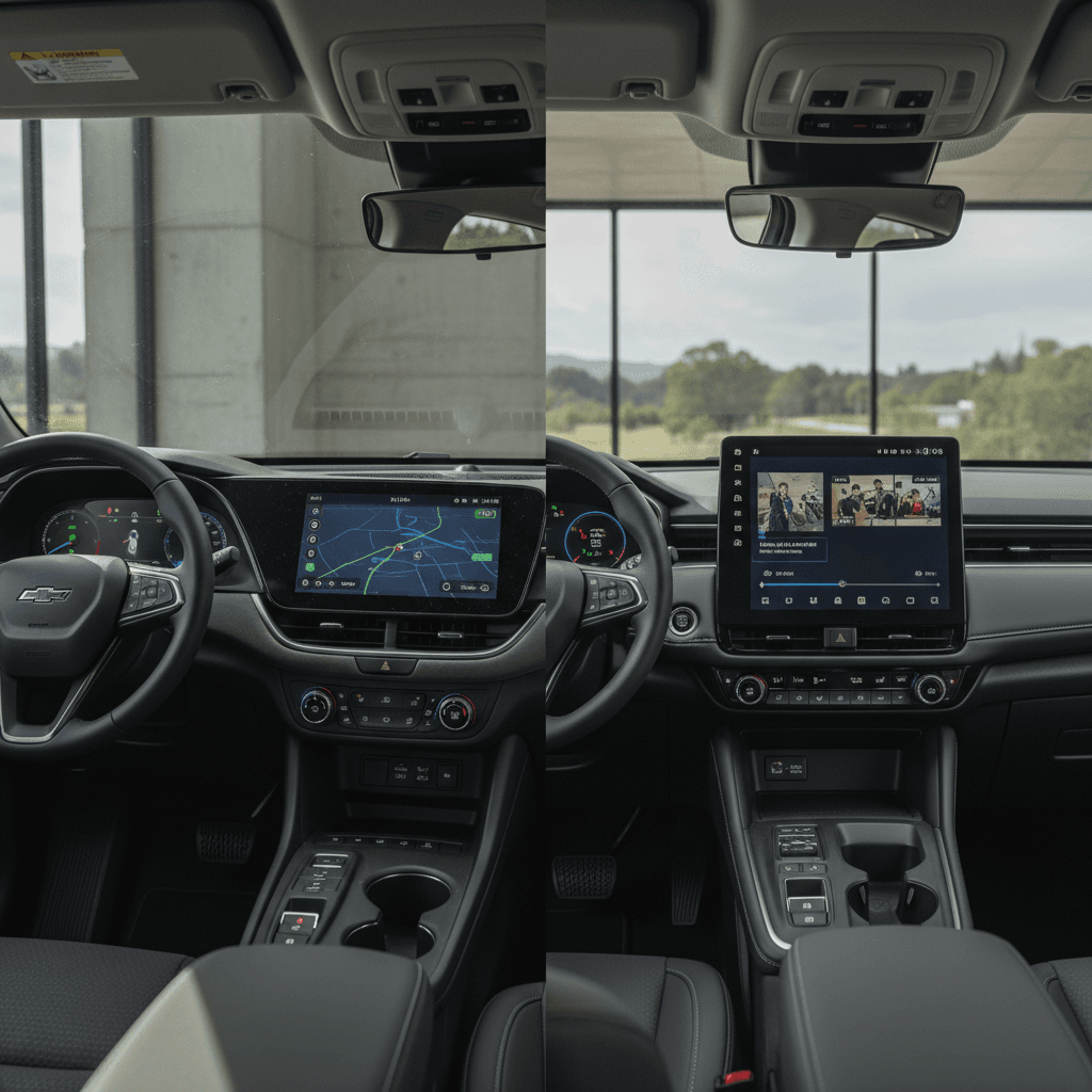 Side-by-side view of Chevy Equinox EV and Honda Prologue interiors showcasing their large central touchscreens and digital driver displays