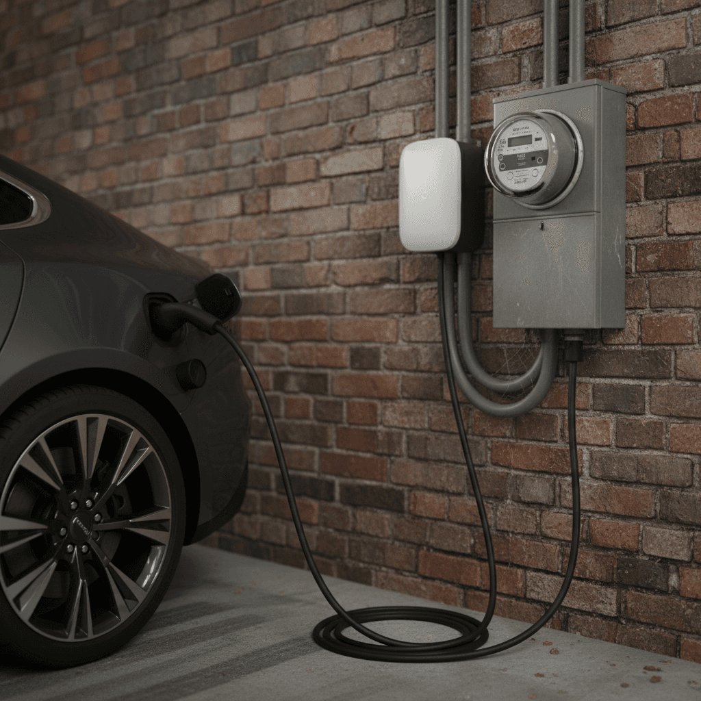 EV owner visually inspecting a home wallbox charger and cable for damage