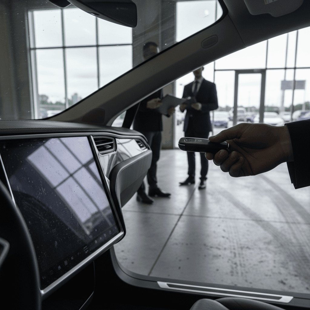 Tesla Model S owner completing paperwork to sell the car at a modern EV-focused showroom