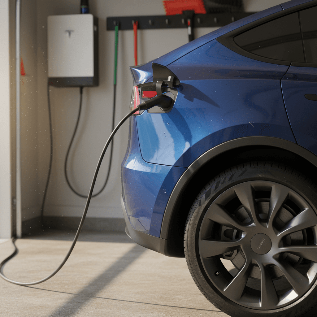 Tesla Model Y charging in a driveway while a shopper inspects panel gaps and wheels for quality issues
