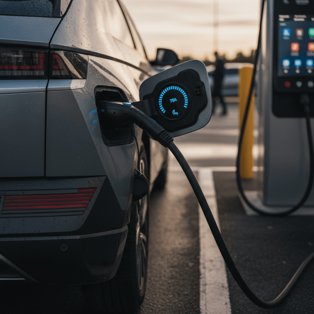 Close-up of a Hyundai Ioniq 5 plugged into a fast charger with charge status on screen