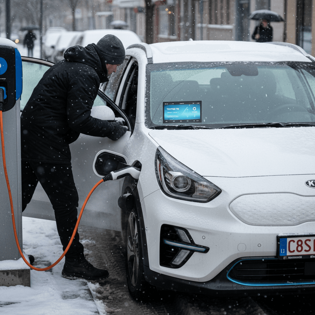Driver preheating a Kia Niro EV at a public charger on a snowy day, charging screen showing battery percentage