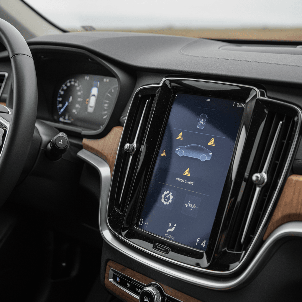 Interior view of a Volvo EX90 showing the central touchscreen and digital driver display with driver-assistance graphics active