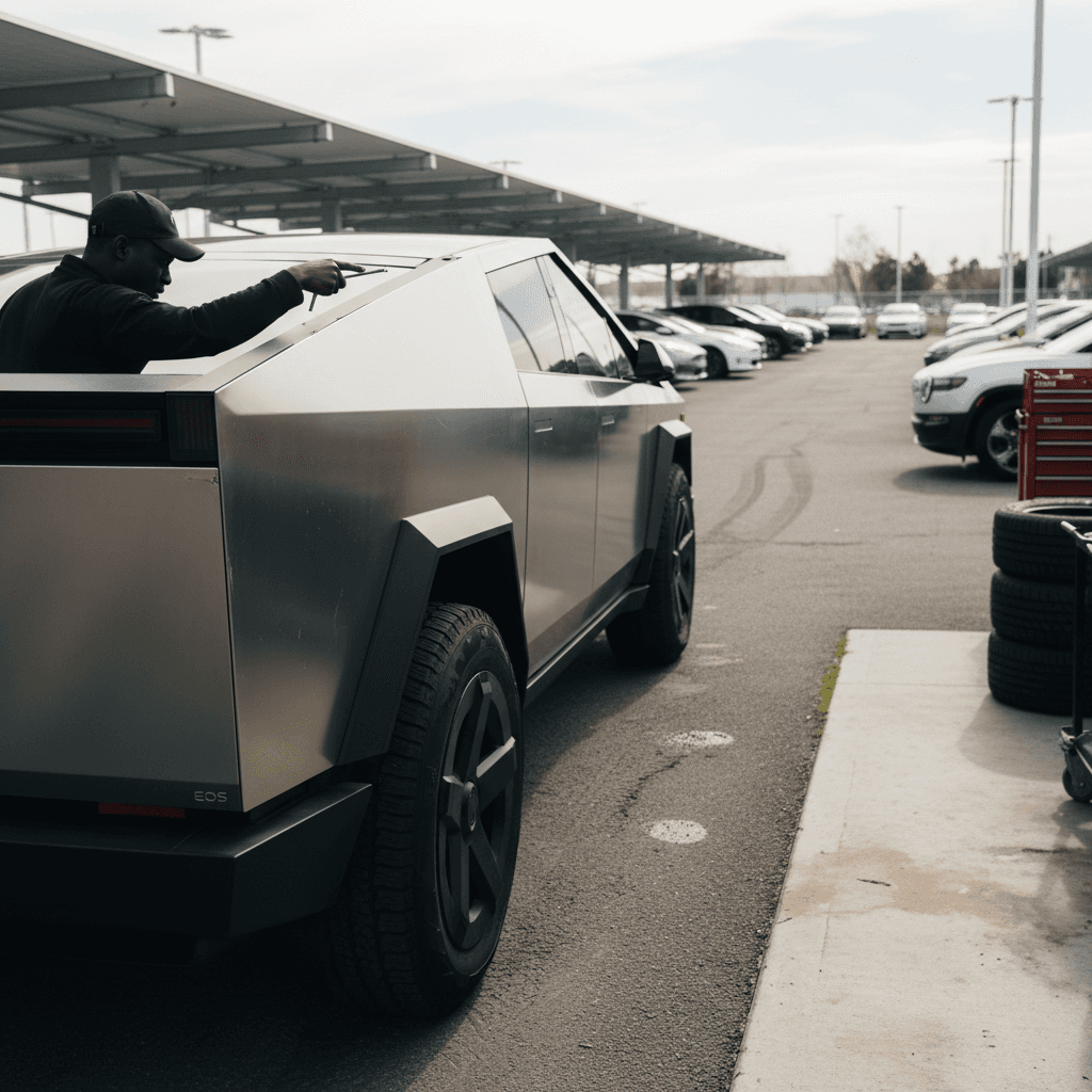 Inspector checking a used Tesla Cybertruck’s body and tires at a dealership lot