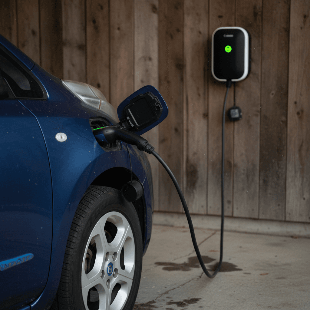 Used Nissan Leaf charging in a suburban driveway on a Level 2 charger