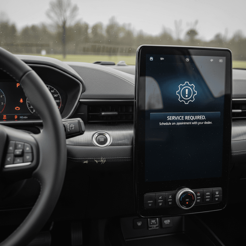 Interior view of a Ford Mustang Mach-E rear door and electronic latch area, highlighting the child safety implications of a stuck latch.