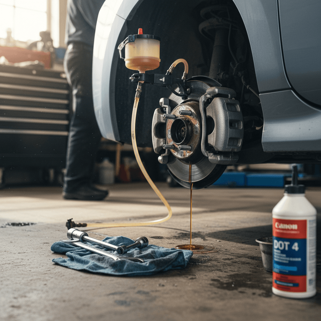 Mechanic performing a brake fluid change on a Nissan Leaf wheel in a service bay