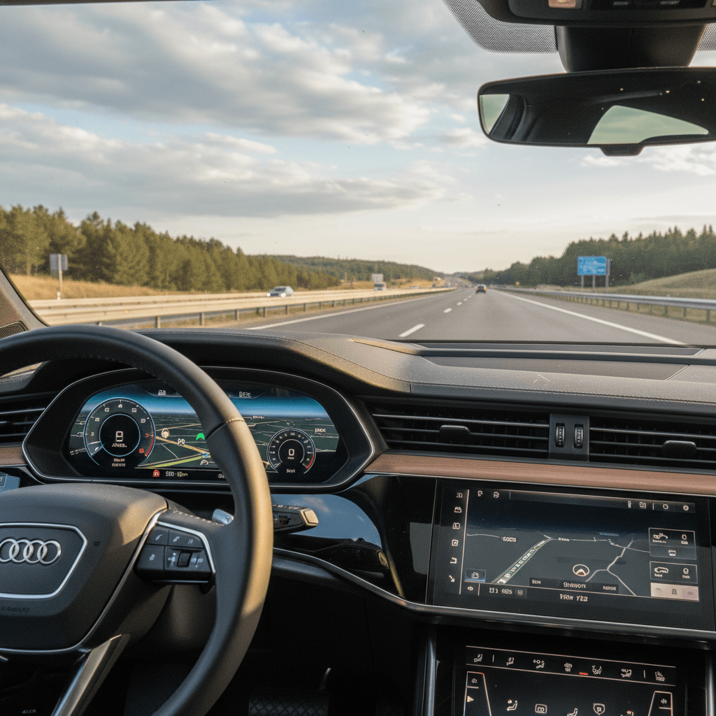 Audi Q8 e-tron interior from the driver’s seat cruising quietly on the highway