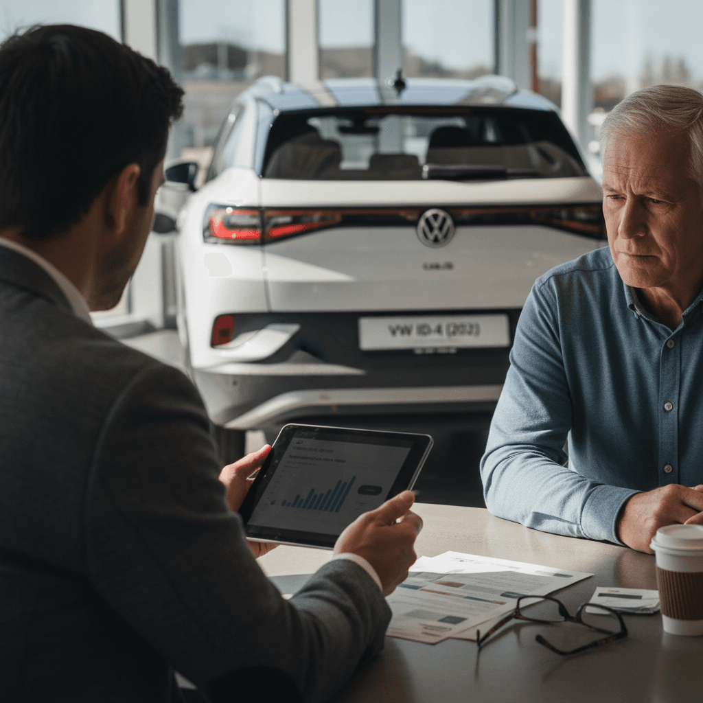 Sales advisor and owner reviewing a 2021 Volkswagen ID.4 trade-in offer on a tablet at a used EV showroom