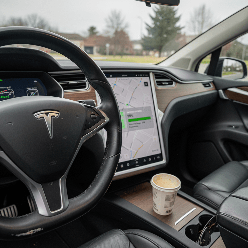 Interior of a 2021 Tesla Model X showing yoke steering wheel and large center touchscreen